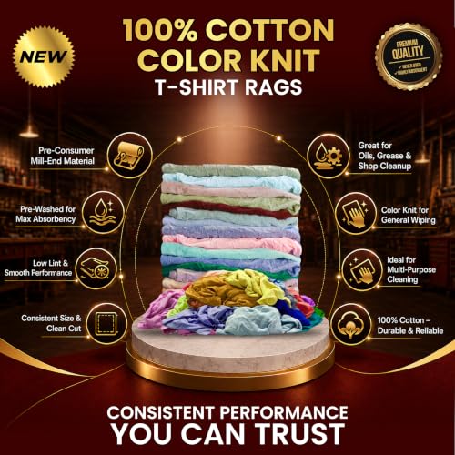 Image of New Colored Cotton Knit T-Shirt Cleaning Cloths, 2 x 25 lb Box of Rags, Reusable, Absorbent & Lint Free Rags Bulk for Oil, Grease, Spills, Engine, Tools Cleanup & Commercial Use (CBX)