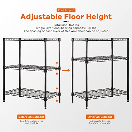 3-Tier Storage Shelves Adjustable, Mghh Wire Shelving Heavy Duty Storage Rack(150 Lbs Loading Capacity/ Shelf) Metal Shelf Organizer Wire Rack Shelf For Pantry Garage Kitchen 23"D X12"W X 30"H -Black #TOP4