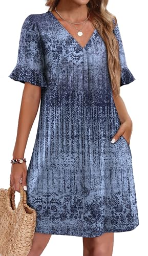 Image of OFEEFAN Summer Dresses for Women Ruffle Short Sleeve V Neck Casual Shift Dress with Pockets