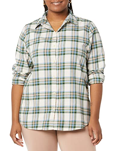 Image of Amazon Essentials Women's Regular-Fit Long-Sleeve Lightweight Plaid Flannel Shirt with Brushed Finish, Shirttail Hem