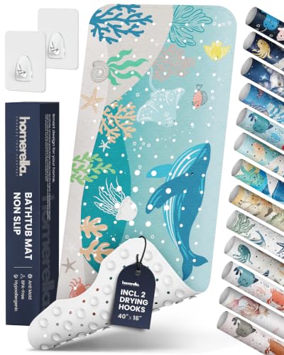 Bathtub Mat Non Slip Anti Mold for Kids 40x16 - homerella Bath Mat for Tub BPA Free Incl. 2 Hooks Washable Shower Mat Non Slip Anti Mold Shower Mats for Inside Shower EU Certified