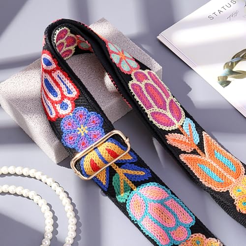 Image of Wide Purse straps Crochet Flower replacement crossbody for Handbag Adjustable Embroidery Knit Guitar Shoulder strap