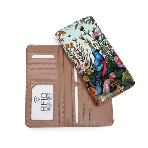 Rfid Slim Wallet for Womens Thin Card Holder Travel Wallet Bifold Clutch Long Ladies Billfold Blue Bird