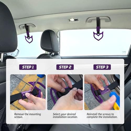 Image of 2 Pcs Devil Heart Shaped Car Handle Strap - Drift Charm Rear Bumper Warning Ring Decor for Car Interior Exterior, Subway Bus Handle Accessory, Cute Heart Car Decor Gift for Drivers (Purple)