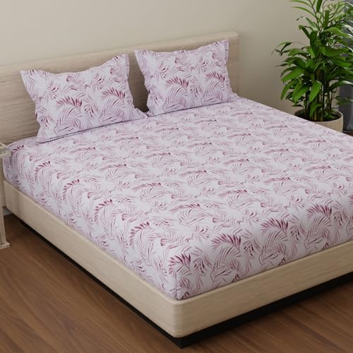 Image of HUESLAND by Ahmedabad Cotton 144 TC Cotton Elastic Fitted Bedsheet King Size with 2 Pillow Covers | 72 x 78 inches