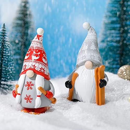 Chunful 2 Pack Winter Snowman Gnomes Sled Gnomes Winter Kitchen Decor Skiing Resin Gnome Figurines with Wood Skis and Ski Poles Swedish Tomte Gnomes Farmhouse Tiered Tray Decors for Home Kitchen