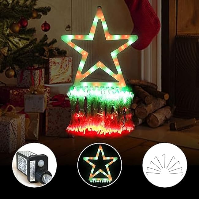 Christmas Decorations Star String Lights, 320 LEDs Outdoor Waterfall Tree Lights with 13 Topper Star, Plug in Waterproof Hanging Fairy Lights for Xmas New Year Holiday Party Decor (Red Green)