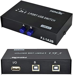 I43C USB Switch 2 Port USB 2.0 USB KVM Switch for Printer Scanner USB Stick Keyboard Mouse, 2 in 1 Out with One Switch Button Sharing Use of Two USB Devices