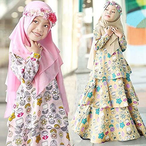 Kids Girls Floral Ramadan Muslim Abaya Dubai 𝐑obe Long Sleeve Traditional Clothing Hijab Set Toddler Maxi Dress3
