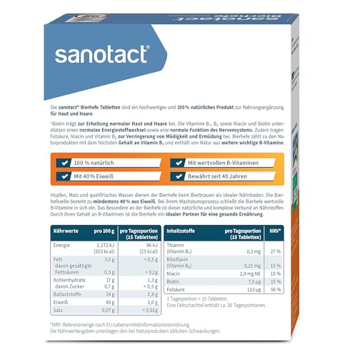 sanotact Bierhefe Tabletten (10 x 400 Tabletten) • 100% natürliche Bierhefe vegan • Mit Biotin für schöne Haare & gesunde Haut • 6 B-Vitaminen • Auch für Hunde geeignet • Hefetabletten