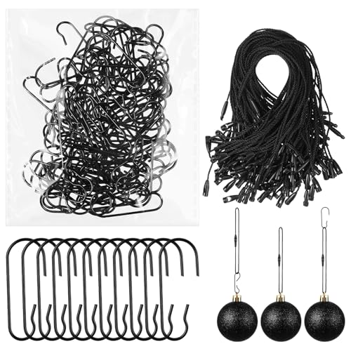 Yoojahow 200 Pcs Ornament Hangers Include 100 Metal Ornament Hooks Hangers String Snap Locking Rope Hang Tag Ties for Christmas Tree Halloween Xmas Holiday Decor(Black)