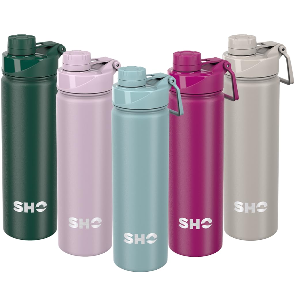 SHO Stainless Steel Sports Bottle, Leak Proof, BPA Free, No Sweat, Vacuum Insulated Double Walled Metal Flask Water Bottle