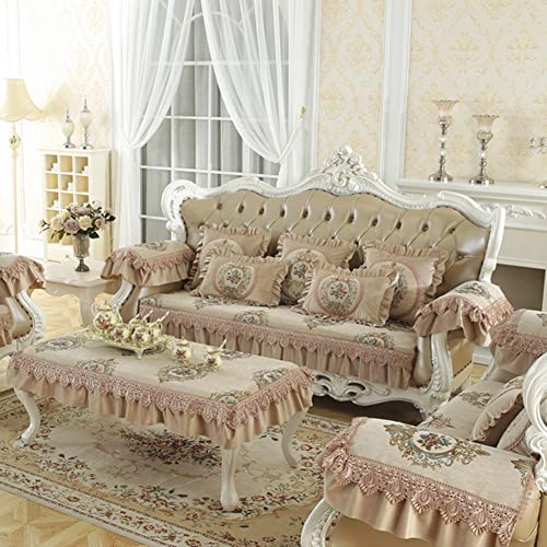 Xslive Vintage Jacquard Sofa Cover With Ruffles And Lace, Luxury Floral Pattern Sectional Couch Covers Soft Cozy Chenille Non Slip Sofa Armrest For Kids Pets,1 Piece/Not All Set (Coffee,12"X24") #TOP2