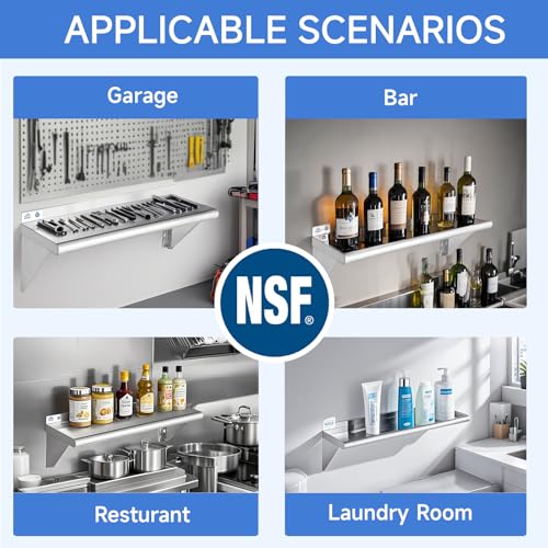 rockpoint stainless steel shelf 12 x 48 inches 350lb 2 pack nsf commercial wall mount floating shelving with backsplash for restaurant kitchen home and hotel silver