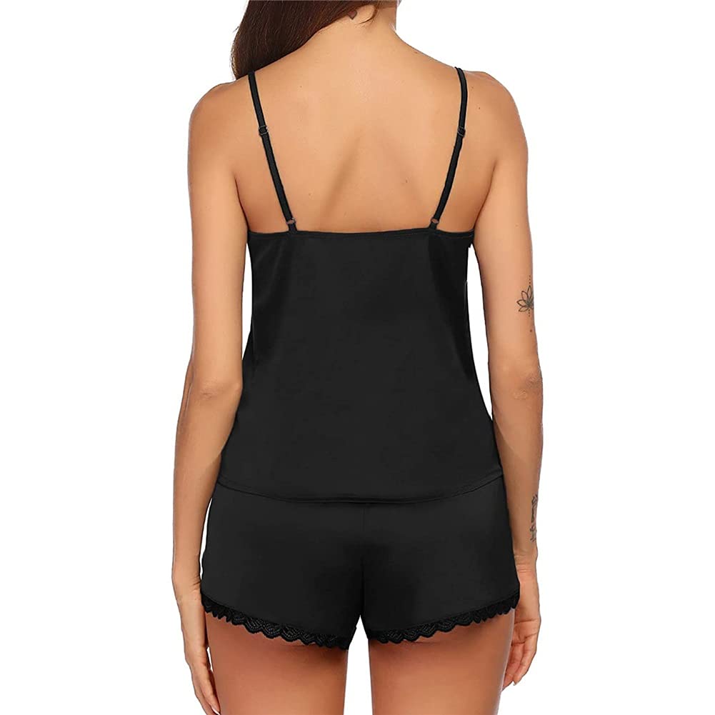 Conjunto de Pijamas Sexy para Mujer, Ropa de Dormir de Encaje, picardías de Seda Satinada, lencería, camisón sin Mangas, Conjuntos de camisón Sexy (código XXXL Negro)