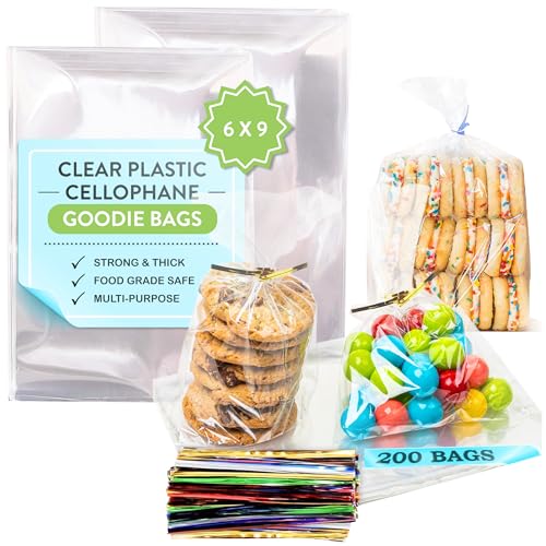 TATTI 200 Pack Clear Cellophane Bags for Favors - Transparent Goodie Bags for Birthday Party, 6x9 Inch Clear Bags with 5-Inch Twist Ties - Candy, Treat, Cookie Bags for Gift Giving