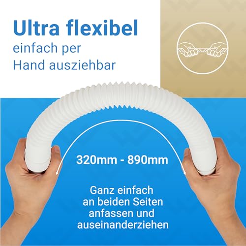 LOBENSWERK Siphon Waschbecken mit hochwertiger Aluminium Mutter - G 1 1/4” x 32mm ausziehbar 320-890mm - Flexibler Ablaufschlauch für das Badezimmer - 100% Wasserdicht