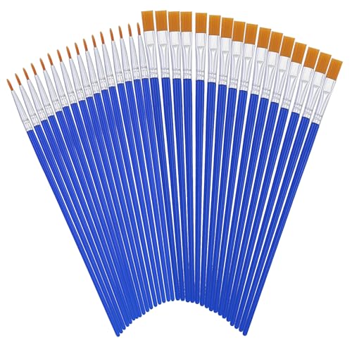 Set di Pennelli 32 Pezzi - 16 Rotondi e 16 Piatti per Dettagli Sottili, Blu, in Nylon per Colori Acrilici e Acquerelli