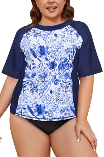 Photo de SHEKINI Maillot de Bain à Manches Courtes pour Femme Protection Solaire Haut de Bain Grande Taille（XXL，Noir - SX）