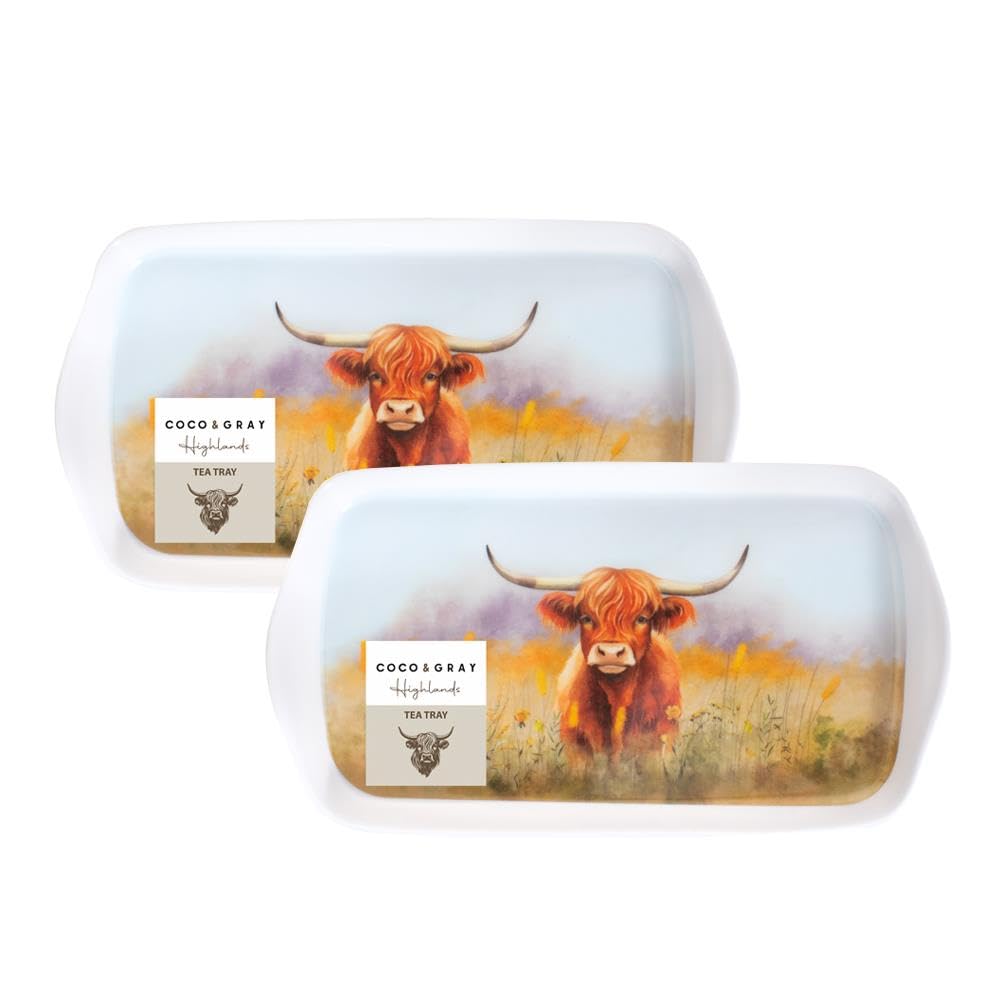 YöL Pack of 2 Highland Cow Tea Trays Design - Drinks Coffee Juice Carrier With Handles - Plastic Melamine - Breakfast Lunch Dinner Summer Dining Serving Watercolour Animal Print
