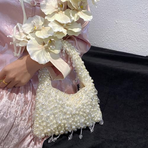 Women Pearl Shoulder Purse Large Capacity Stylish Tote Bag Beaded Top Handle Bag Trendy Designer Handbag Chic Hobo Bag3