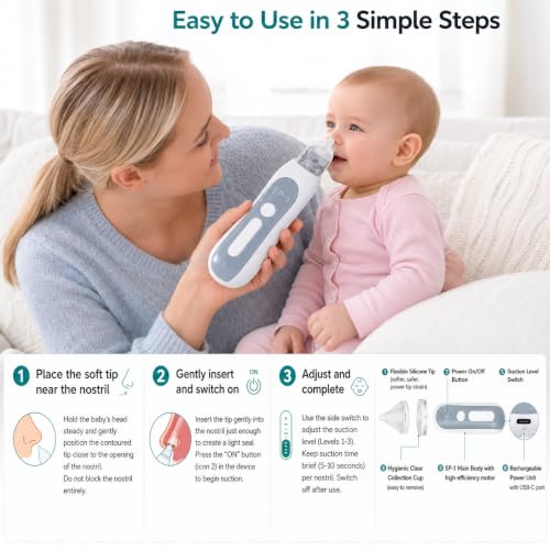 Image of ONESTA Electric Baby Nasal Aspirator | USB Rechargeable Nose Sucker with 3 Adjustable Suction Levels | 3 Soft Silicone Tips | Gentle Nose Cleaner for Newborn, Infant & Toddler