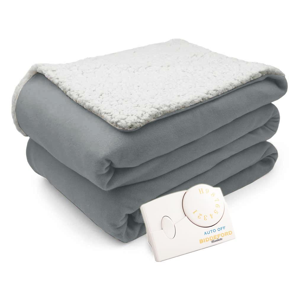 Amazon.com: Biddeford Comfort Knit Natural Sherpa Electric Heated Blanket  Twin Gray : Home u0026 Kitchen