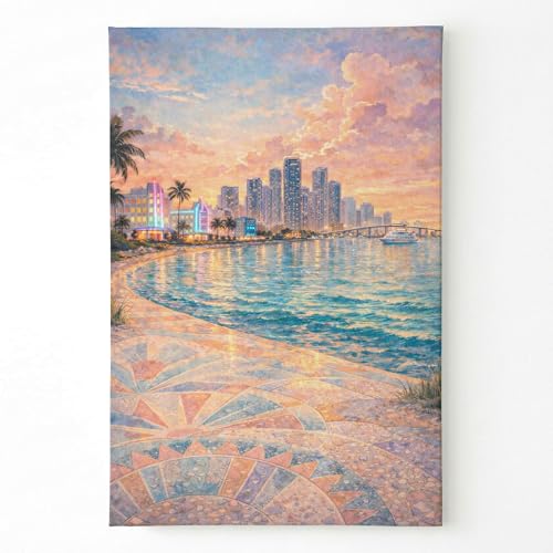 onedayday Miami Beach Canvas Wall Art, Watercolor Miami Skyline Print, Art Deco Coastal Cityscape, Gallery Wrapped Canvas, Tropical Wall Decor