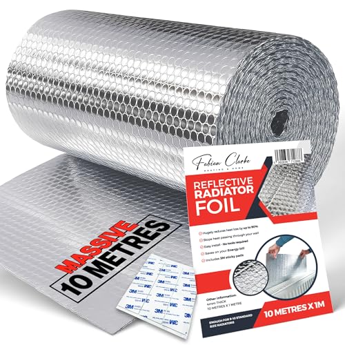 Radiator Foil Reflector Roll 10 Metre x 1M - Heat Reflective Insulation Roll Foil Sheet Backing - Thermal Bubble Wrap Energy Saving Radiator Heat Reflector Foil Insulation for Behind Radiators