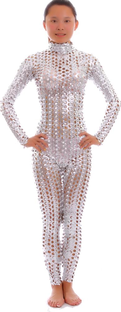 Seeksmile Unisex Hollow-Carved Shiny Dancewear Catsuit Bodysuit