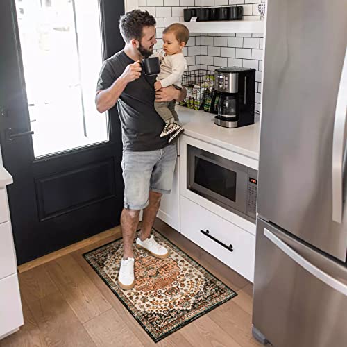 Lanffia Persian Floral Kitchen Rug 2X3, Vintage Small Throw Rugs Doormat Bohemian Non-Slip Washable Entryway Rug Low-Pile Floor Carpet For Indoor Front Entrance Bathroom, Peach Pink/Multi #TOP5