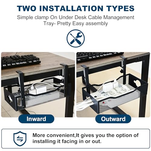 Large Under Desk Cable Management Tray - Heavy Duty Metal Cord Organizer with No Drill Installation for Office & Home Office Desks to Hide Wires & Power Strips (Black, XL) by G.Sumiker - Image 6