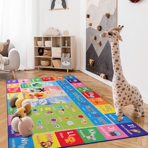 ABC Kids Rug for Playroom, 4x6 Washable Classroom Area Rugs, Toddler Educational Play Mat with Alphabet Numbers Seasons Shapes, Learning Fun for Preschool Children, Colorful - Image 5