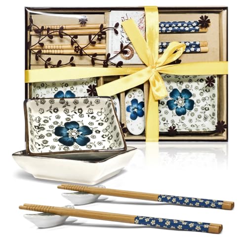 Finsink Sushi Tableware for 2 People, 6 Pieces, Ceramic Dipping Bowls Set, Blue and White Pattern, Sushi Serving Set, Perfect as Gifts for Couples or Birthdays