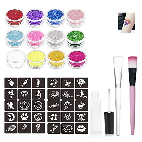 Glitter Tattoo Set Powder Temporary Tattoo Kit with 12 Glitter Colors,30 Beauty Tattoo Stencils,1 Glitter Glue, 2 Brushes,Glitter Temporary Tattoos Kit for Kids, Teenagers and Adults