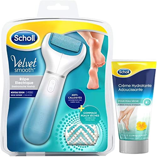 SCHOLL Velvet Smooth - Râpe Electrique Bleue Anti-Callosités Pieds + Crème Pieds Hydratante Adoucissante 75ml