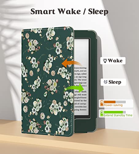 Image of MoKo Case for All-New 6 inch Kindle(11th Generation, 2024 /2022 Release) /(10th /8th Gen, 2019 /2016), Ultra Lightweight PU Shell Cover with Auto Wake /Sleep for Kindle 2024, Flowers on Dark Green