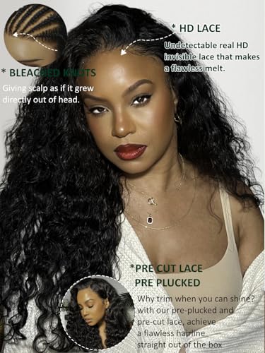 Image of KLAIYI Pre Everything 13x4 Glueless Lace Front Wig Human Hair Water Wave Bye Bye Knots Put On and Go Wig Pre Cut Lace Pre Bleached Pre Plucked 30S Easy To Wear Beginner Curly Wig with Baby Hair 26Inch