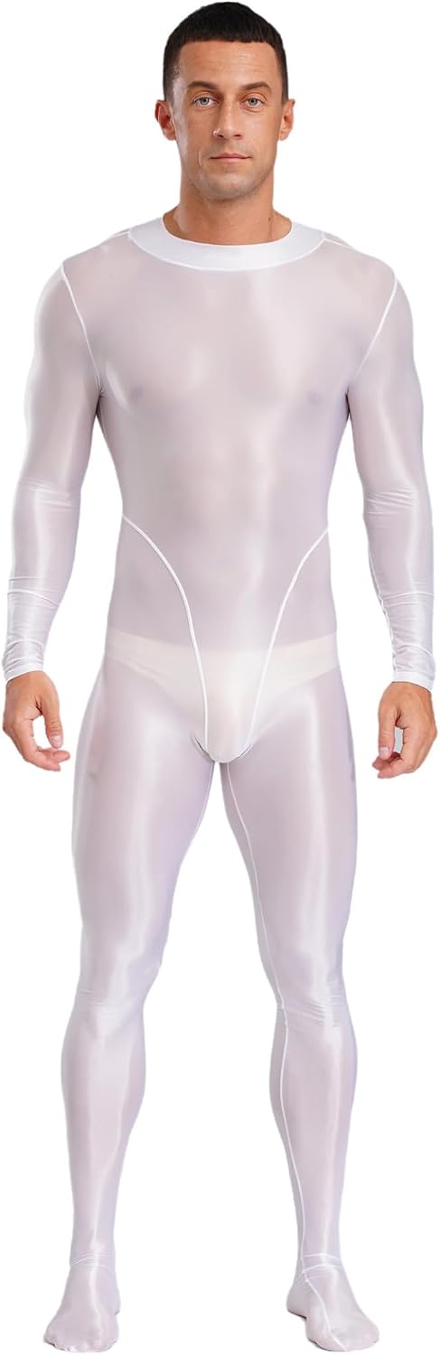 Sxiwei Men Plain Color Semi Sheer Bodysuit Long Sleeve Full Body Scoop Neck Breathable Jumpsuit Night Club