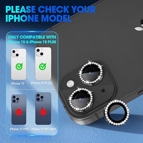 Image of Glass Camera Lens Protector Compatible For Iphone 15 /15 Plus Bling,Individual Metal Diamond Ring 9H Hardness Scratchproof Protector,Stylish Accessories,Case Friendly(Black Diamond)