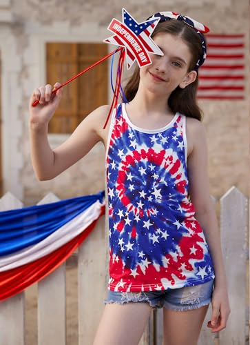 Image of 4th of July Girls Flag Tank Top Back Bow Sleeveless Patriotic Holidays T-Shirt 4-14 Years