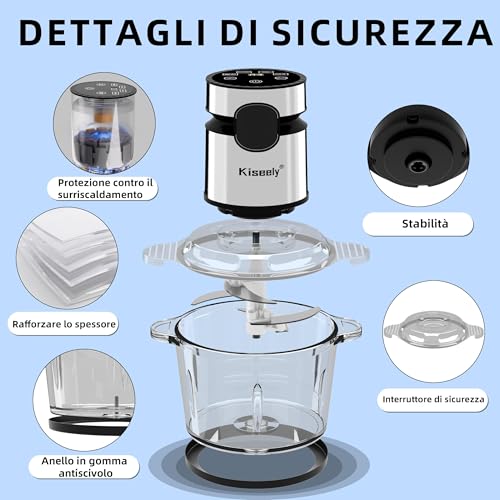 Tritatutto elettrico 2 litri con display LED, Robot da cucina da a 3 velocità con 2 ciotole e 2 set di lame a due livelli, tritacarne e verdure da 400 W per carne, verdure, frutta e noci (CD1) - immagine 4