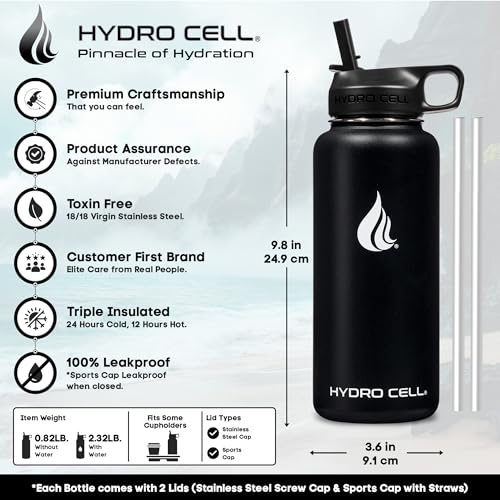 Image of HYDRO CELL Stainless Steel Insulated Water Bottle with Straw - For Cold & Hot Drinks - Metal Vacuum Flask with Screw Cap and Modern Leakproof Sport Thermos for Adults (Black 32oz)