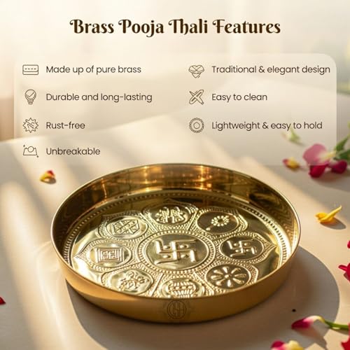 Image of DSH Pure Brass Puja Thali Plate With Embossed Design 8 Inch Best For Home Office Mandirtemple Weddings Diwali Spiritual Gift Item.(Pt-Br-Swastik-8K)