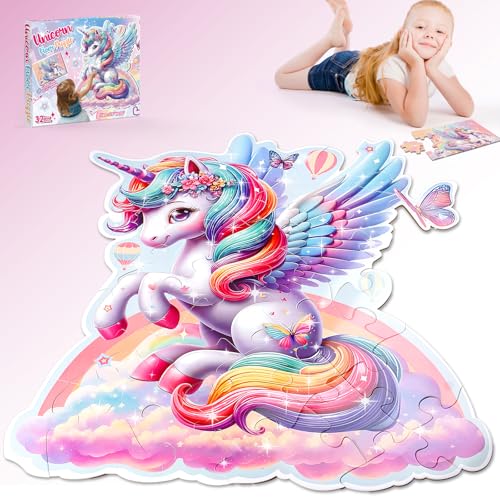 Unicorno Puzzle Pavimento Gigante 32 Pezzi 70×80cm con Piccolo Puzzle, Set 2 in 1 Unicorno Bambina Regalo, Giocattoli Giochi Bambina Bimba 3 4 5 6 7 8 Anni, Puzzle Regalo Bambini 3 4 5 6 7 8 Anni