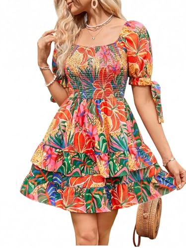 Image of Floerns Women's Floral Print Puff Sleeve Square Neck Tiered Layer Shirred Dresses