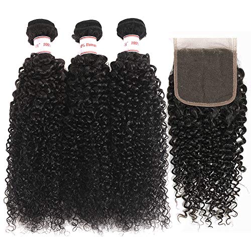 Hepoiss Brazilian Kinky Curly Virgin Hair 3 Bundles With Closure 8A Brazilian Curly Virgin Human Hair With Lace Closure