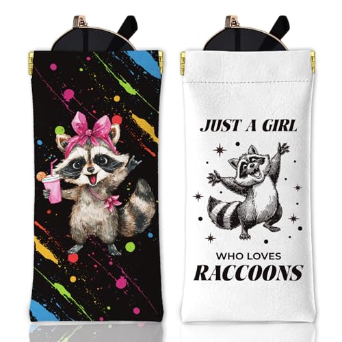 GLOBLELAND 2 Unidades Estuche para Gafas de Mapache, Funda Suave de Animales Coloridos, Bolsa de Viaje de PU con Cierre Superior para Gafas, Relojes y Maquillaje, Diseño Kawaii