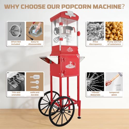 Image of 10oz Popcorn Machine with Cart - Vintage Movie Theater Style Maker - Shatterproof Acrylic and Storage Cabinet for Home Parties, Concessions - Red