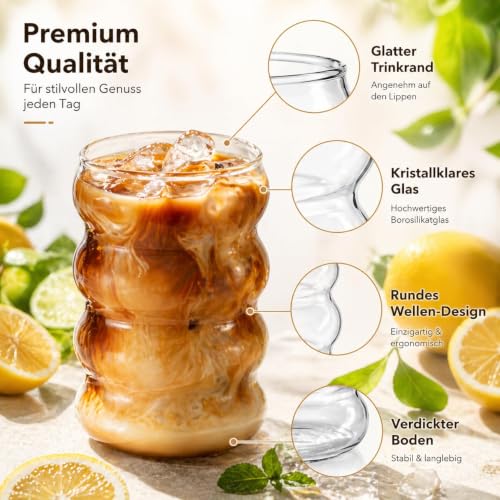 ALINK Gerippte Trinkgläser 4er Set, 530 ml Bubble Gläser mit Glasstrohhalmen, Wave Glas Becher für Eiskaffee, Cocktails, Saft… – Ansicht 3
